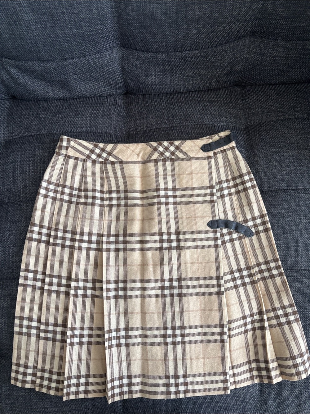 Burberry Cream and Brown Plaid Pleated Mini Wrap Skirt